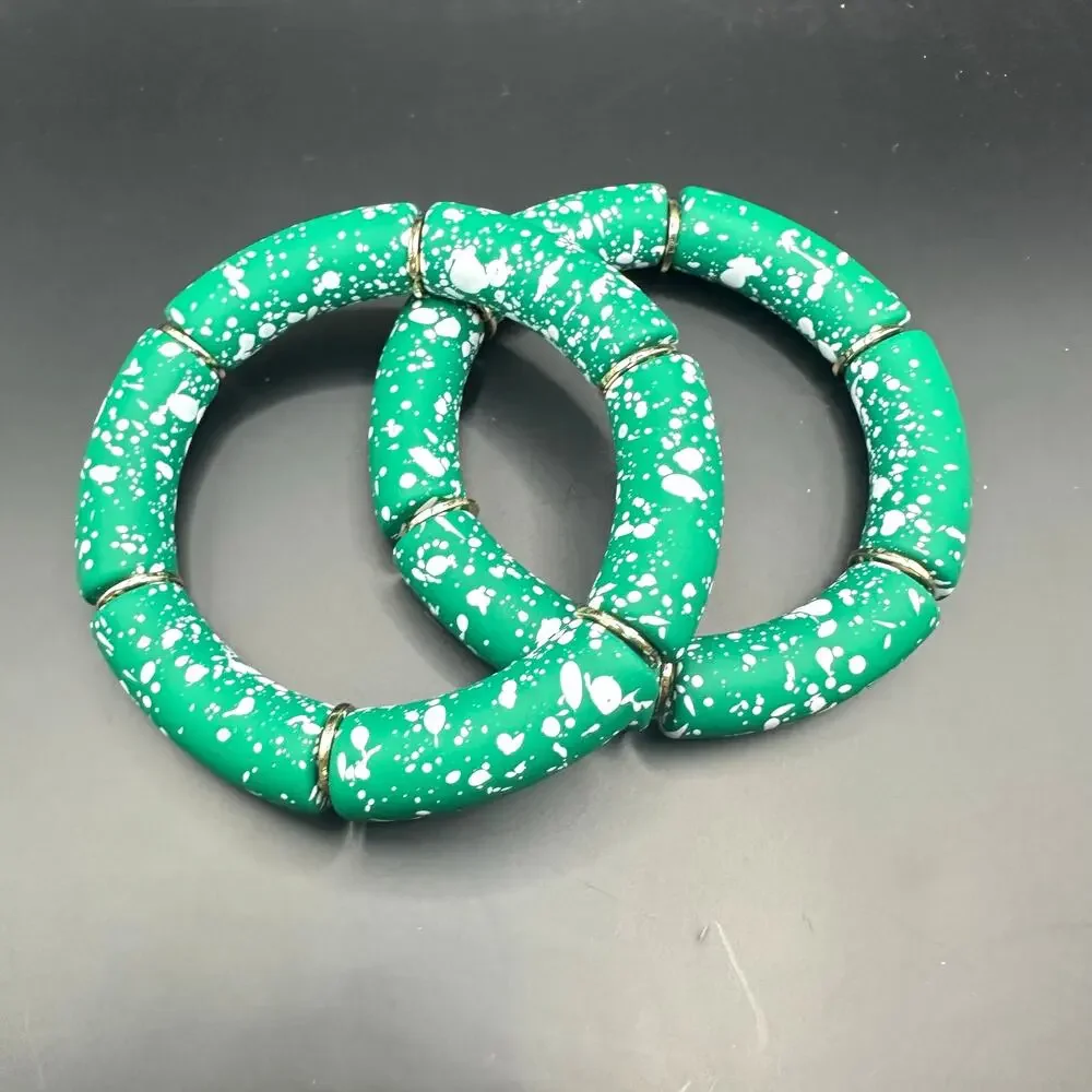 Green Tube Stretch Bracelet Set of 2 Bracelets Splatter Modern White Lot Casual